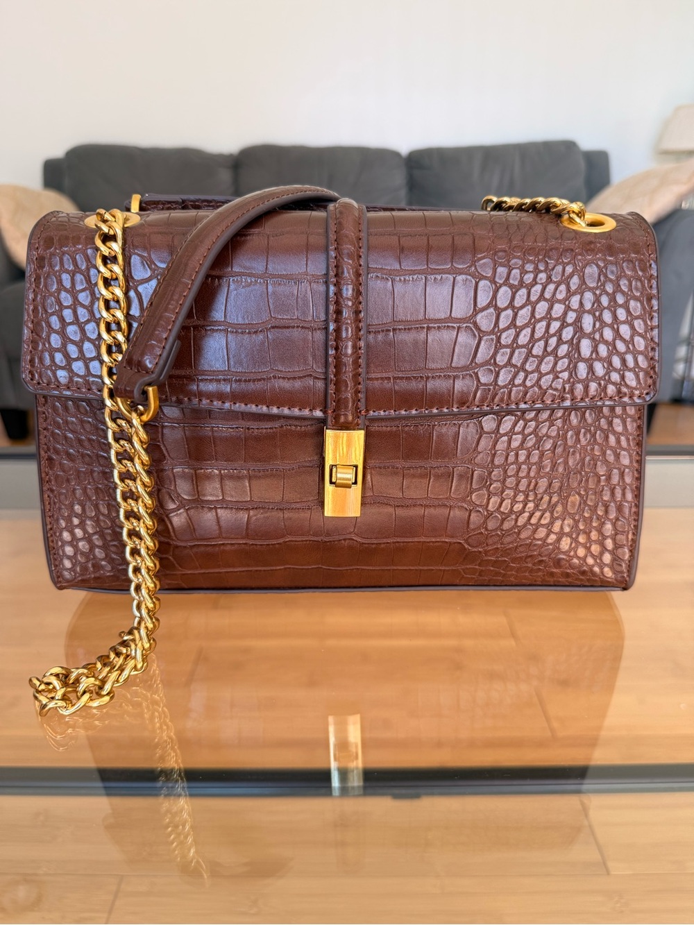 NEW! Mango - Brown Croc-Embossed Shoulder Bag with Gold Chain Strap